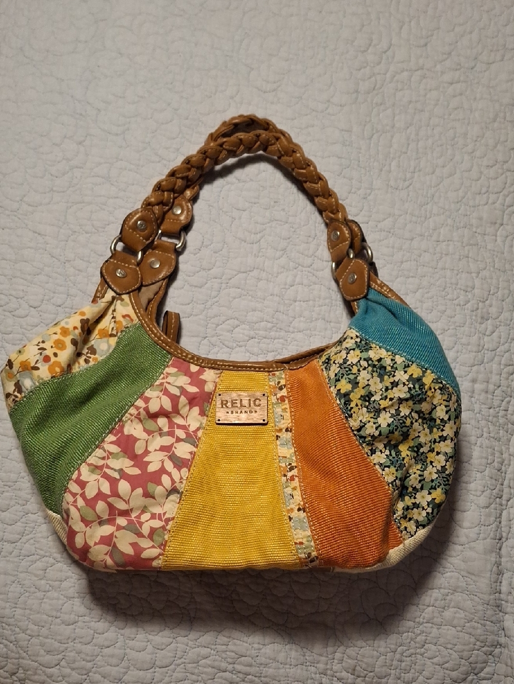 Relic Patchwork Shoulder Bag in Yellow, Orange, Green, Teal, Pink, Brown